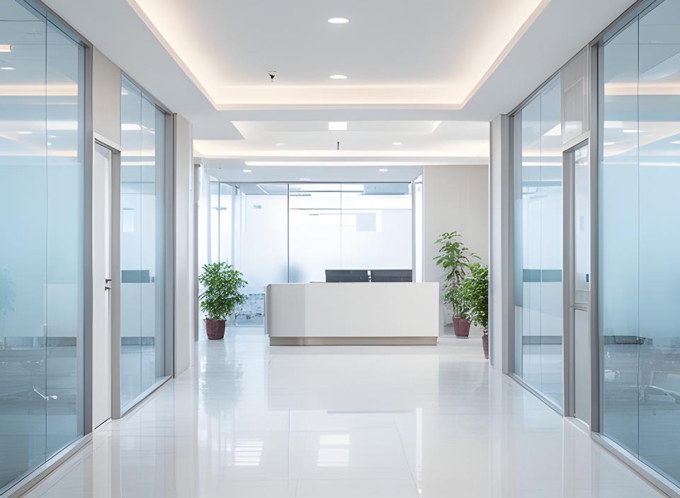 Bright office lobby with polished floors, glass walls, and a tidy reception desk
